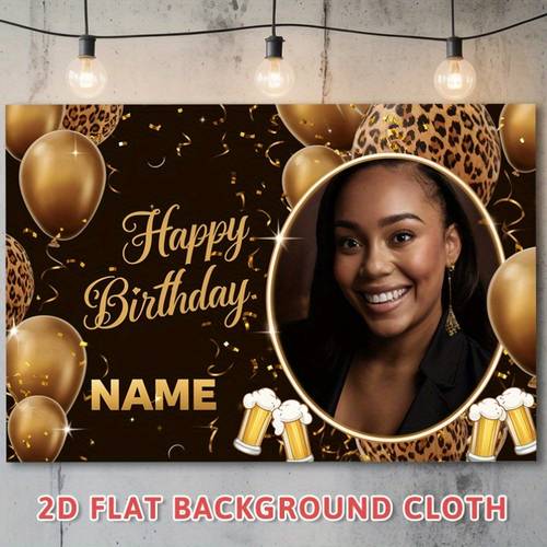 2d flat 2d flat a 2d flat banner measuring 90 5x70 8 inches featuring personalized text for a happy birthday theme it designs of golden balloons leopard print confetti and beer mugs making it ideal for family