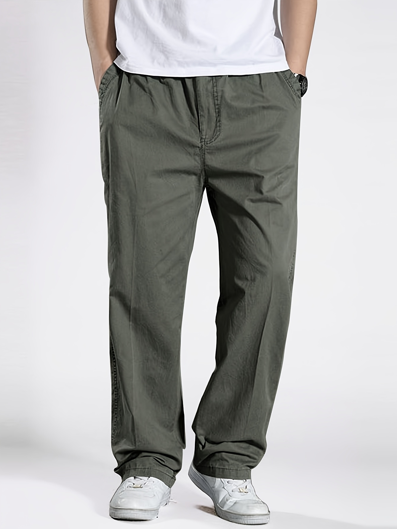 New Spring And Autumn Style, Men'S Casual Cargo Pants, Korean Version, Solid Color Loose And Versatile, 5-Color Choice, 100% Pure Fabric, Easy And Classic Style, Suitable for Middle-Aged Outdoors for Daily Casual Sports (Elastic Waist)