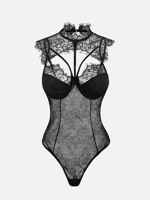 crew neck hollow out lace eyelash bodysuit for women