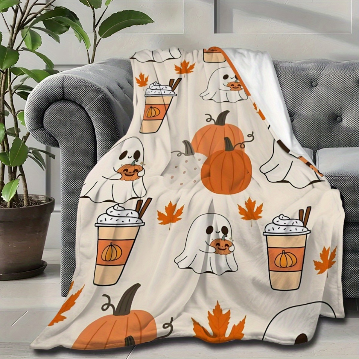 artikel foto 1 stuks een 2d platgedrukte halloween pompoen design flanellen deken, comfortabel en warm, ideaal voor verjaardagscadeaus, voor huisdecoratie, valentijnsdag cadeaus, en perfect voor slaapkamers,  