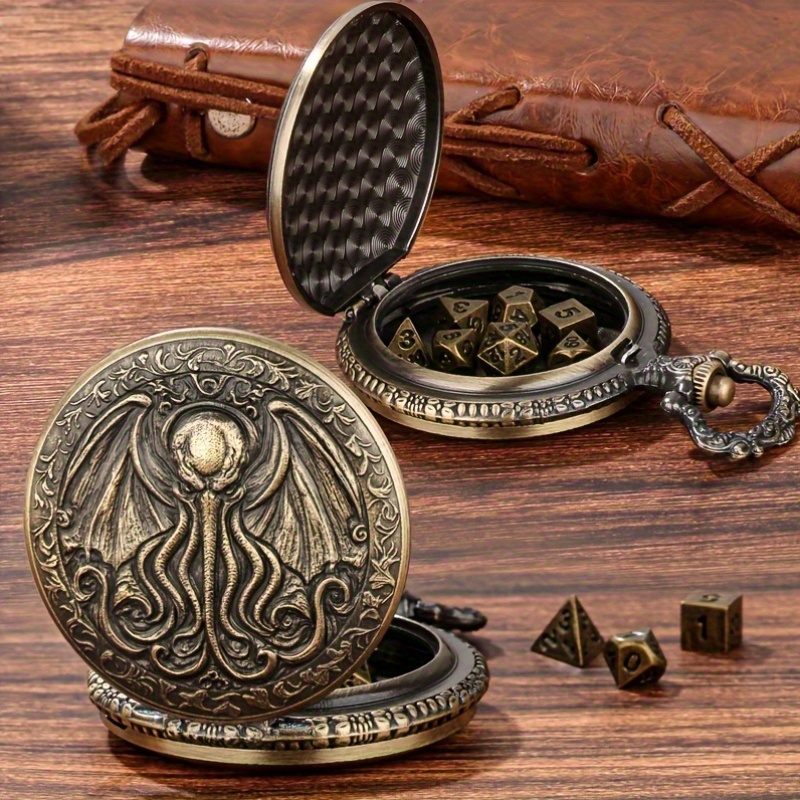Vintage Winged Octopus Pocket Watch Case with Gaming Dice