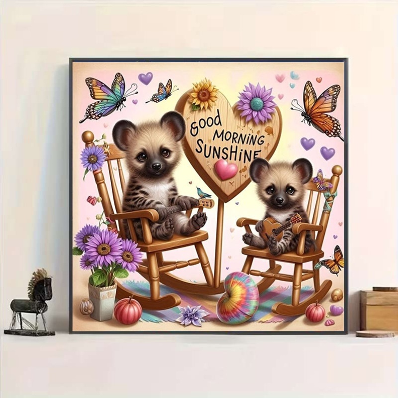 Beginner Printed Cross Stitch Kit, Cute Hyena Cub Good Morning Sunshine