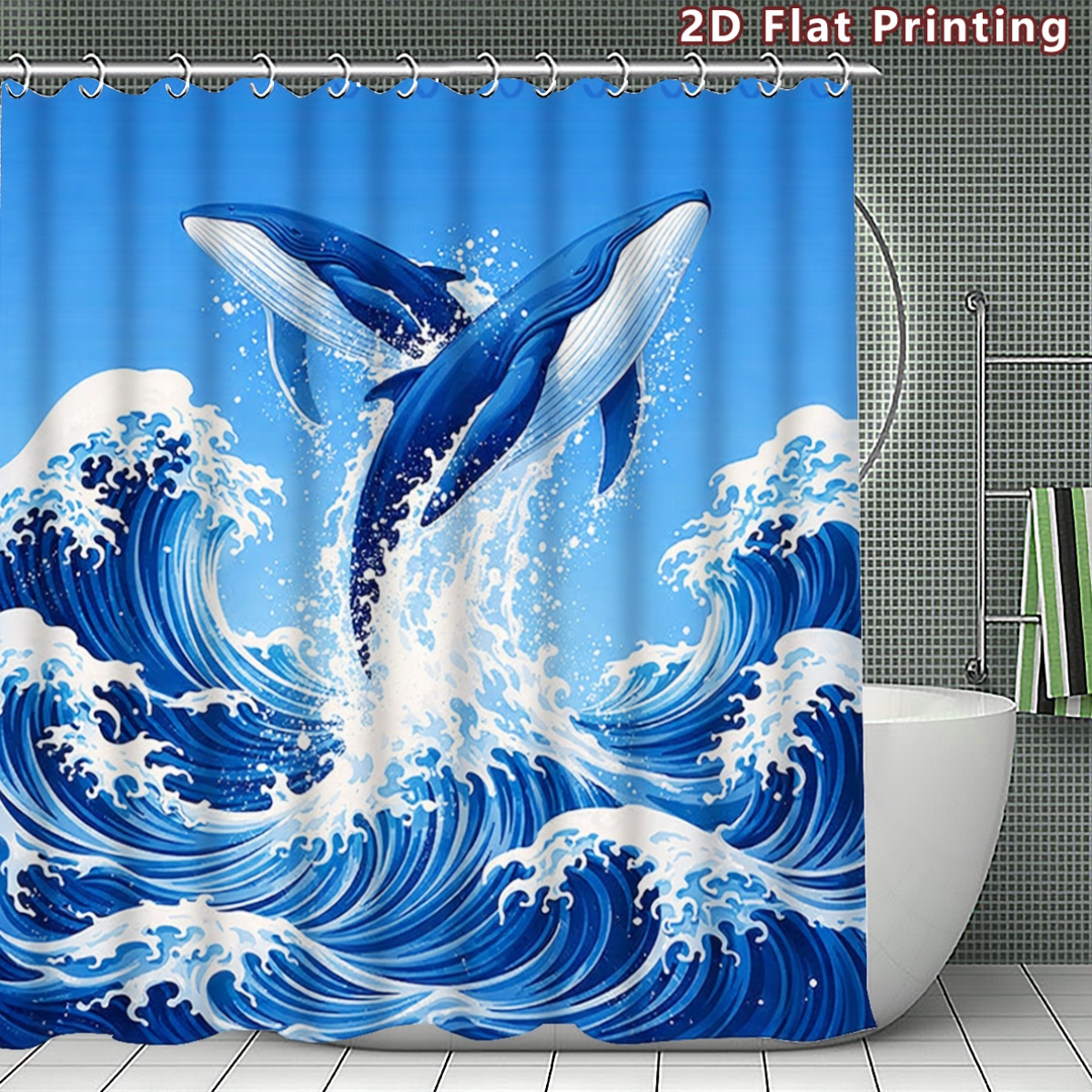 1pc Whales and Waves Shower Curtain, Multiple Size Options