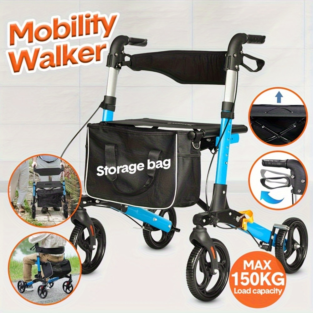 Foldable Aluminium Lightweight 4 Wheels Mobility Walker With Storage Bag 9.3 Kgs Weight Adjustable Height (Upgraded Blue) Rollator Mobility Walker For Seniors, Rolling Walker Mobility Aid Rollator With Brakes