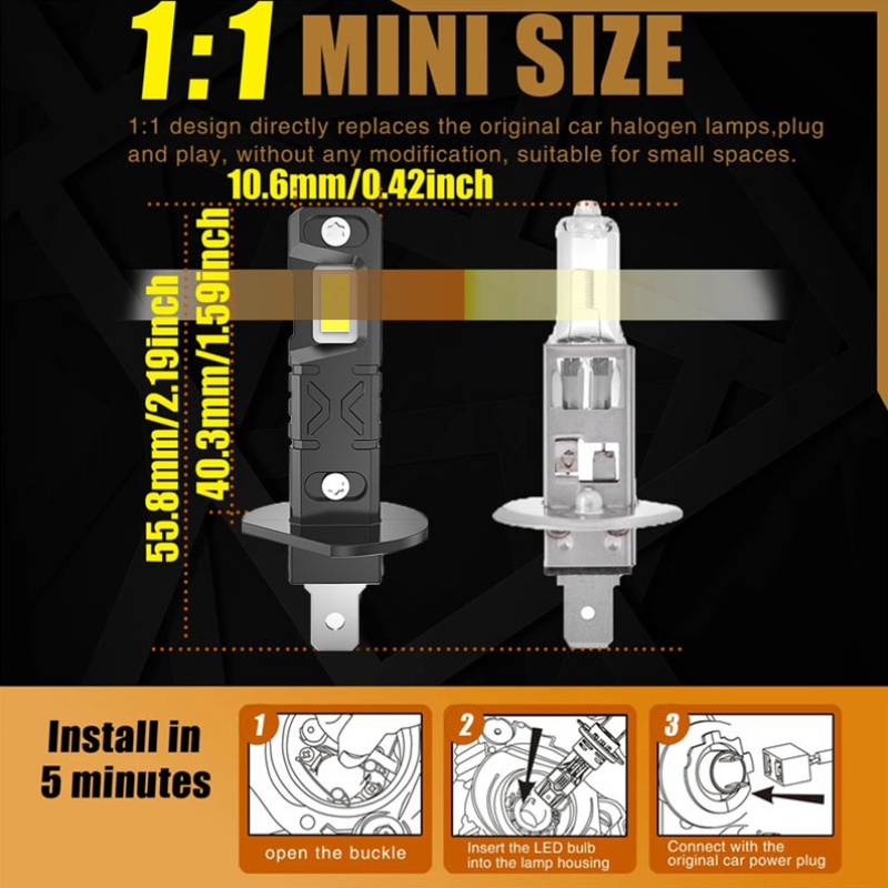 2 τεμ. 180w 20000lm 1:1 λαμπτήρες led αυτοκινήτου h1 led canbus λευκοί 6500k mini για αυτοκίνητο, υπερ-φωτεινά led φώτα ομίχλης 12v, χωρίς μπαταρία