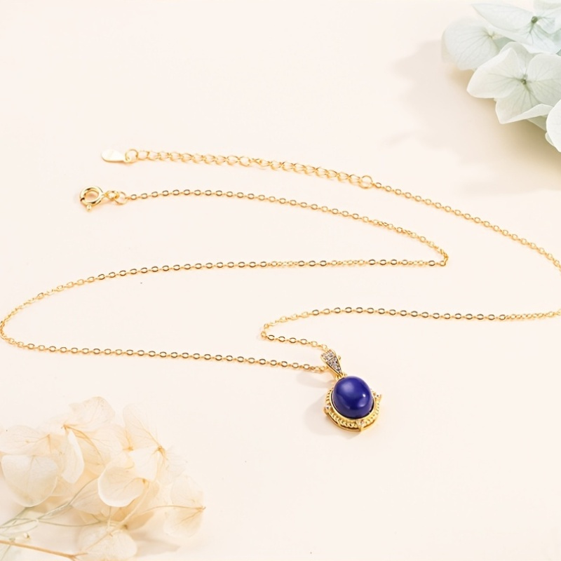 Vintage Oval Lapis Lazuli Pendant Necklace with 14K Golden Plated Chain