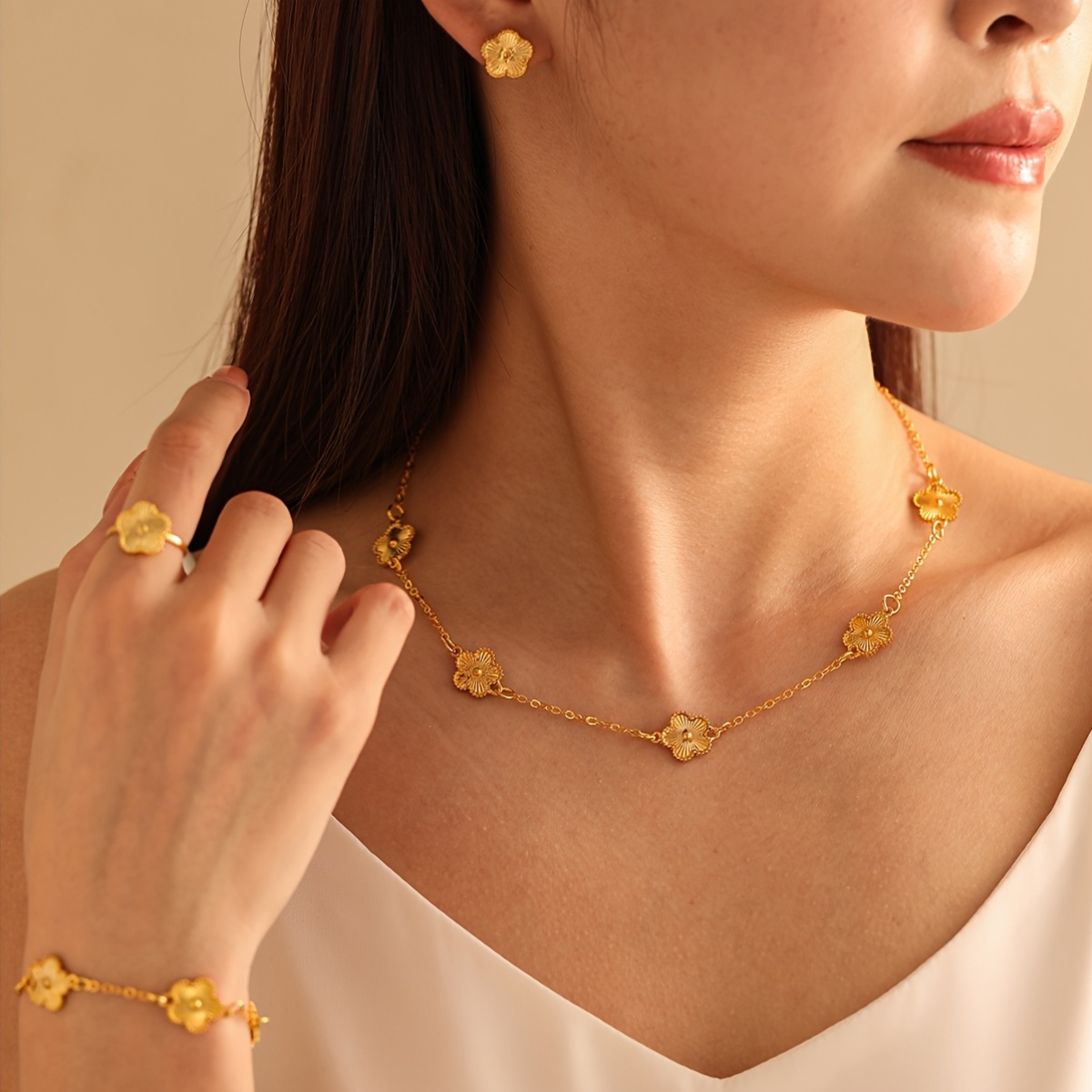 ladies fashion chain necklace set peach   elements necklace bracelet ring and earrings alloy material fashionable and elegant set suitable for daily gift   and party wearing