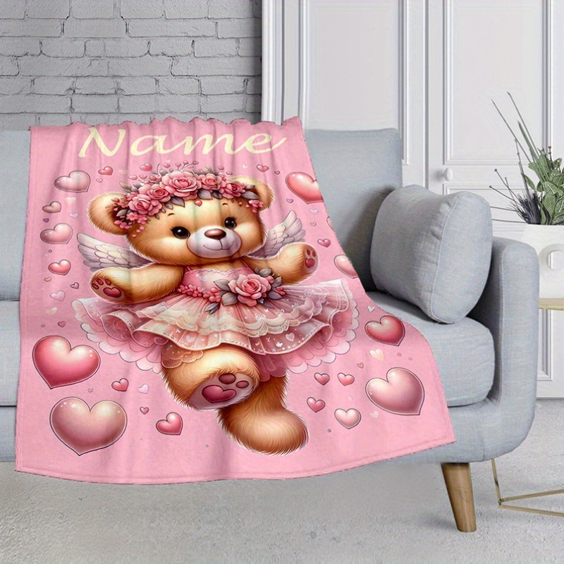 Customized Name Bear Heart Theme Flannel Blanket