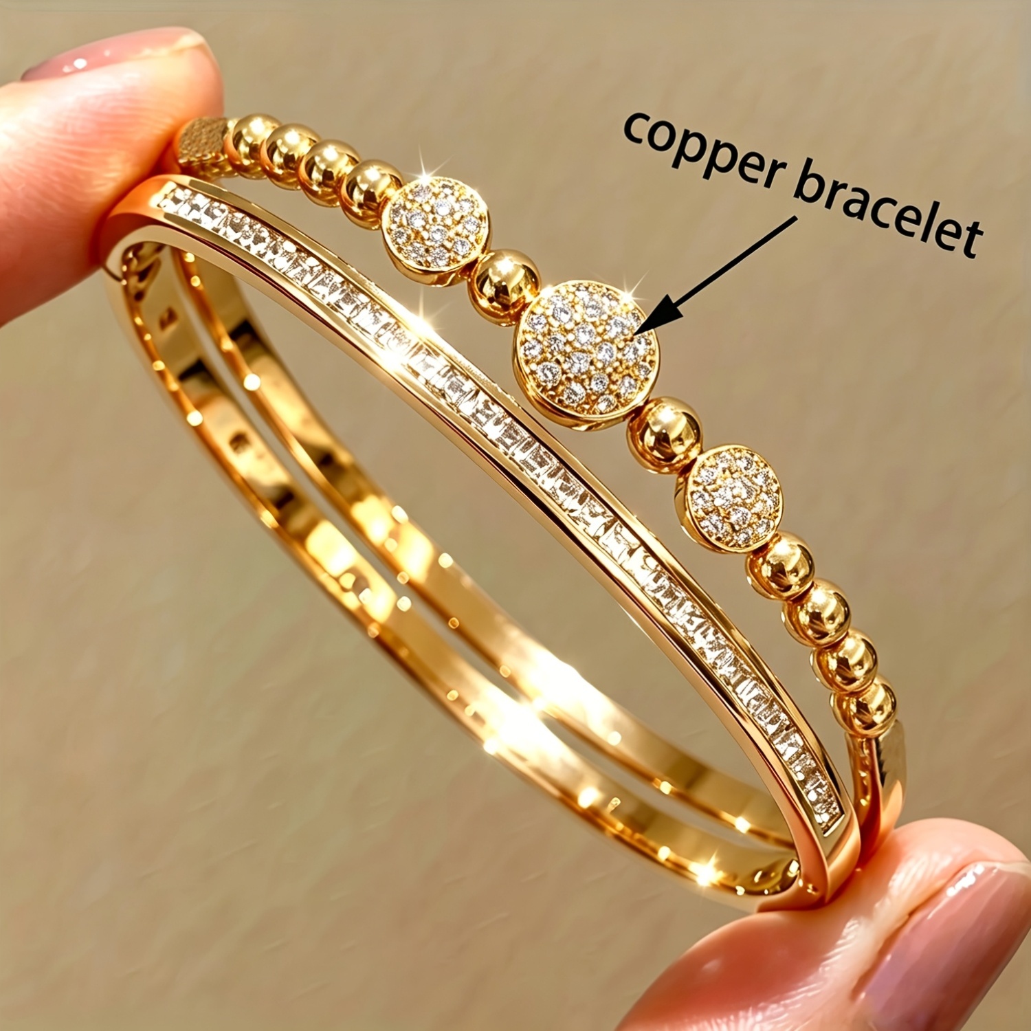 2pcs Noble Brilliant Plated Bracelet Set, Stainless Steel & Copper