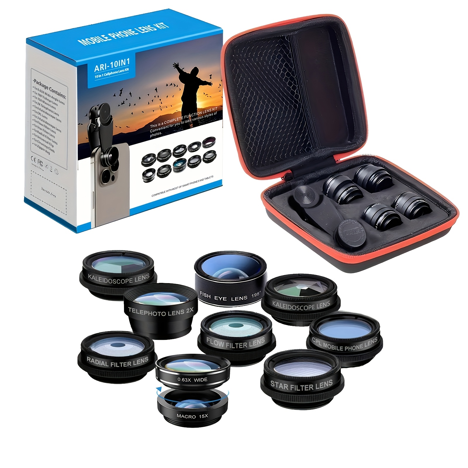 10 In 1 Phone Camera Lens Kit - Macro Lens + + Fisheye Lens + Telephoto Lens + Cpl/flow/radial/star Filter + Kaleidoscope 3/6 Lens, Compatible With Iphone, , Huawei, Xiaomi And Most Smartphones
