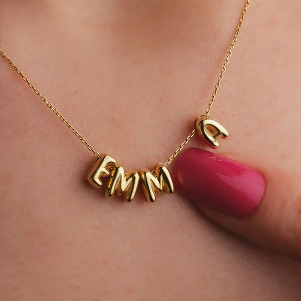 Golden Tone 3D Bubble Name Necklace Personalized Initial Charm Jewelry