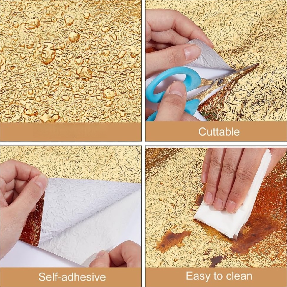 1 roll golden peel and stick wallpaper embossed aluminum foil backsplash sticker self   vinyl material for kitchen bathroom countertops Product details 4
