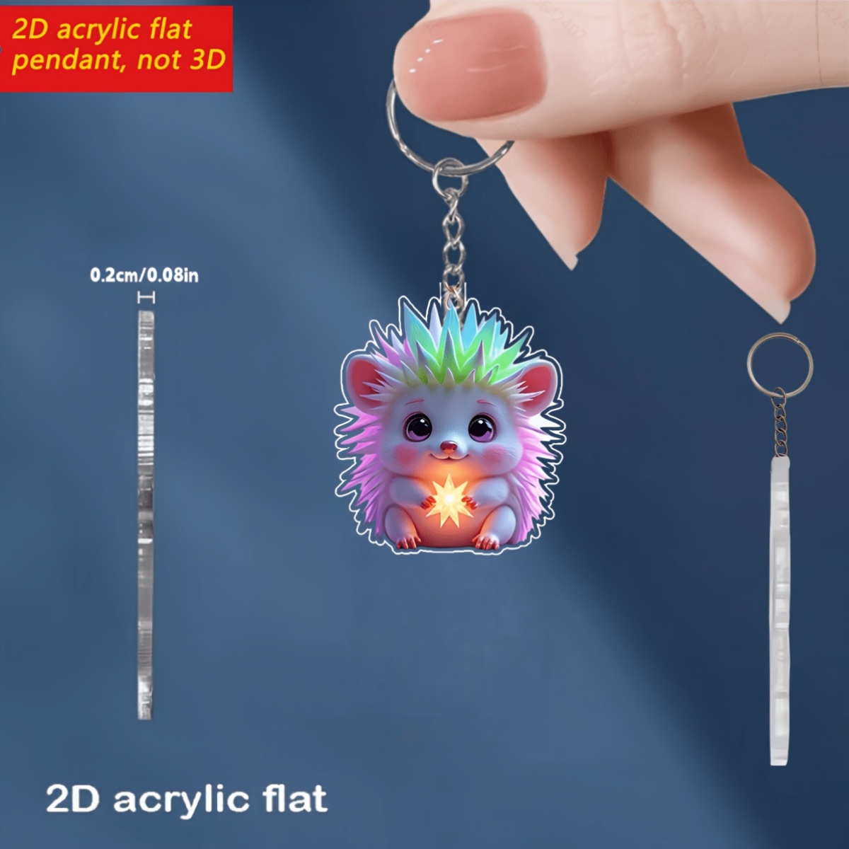2D Flat Cute Hedgehog Keychain, Glow-In-The-Dark Feature