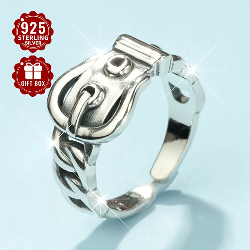 Vintage Hip Hop Belt Buckle Style Open Ring S925 Sterling Silver Adjustable
