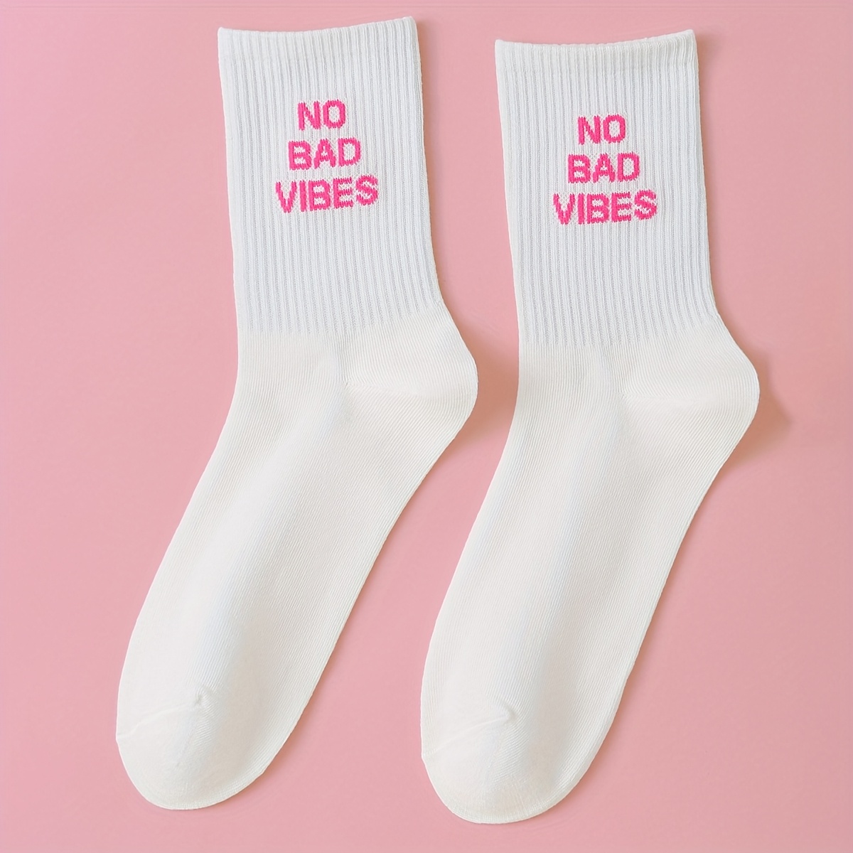 E-shop 1 Paar " Vibes" Socken mit Aufdruck, weiße Socken, gestreifte Socken, Sportsocken, Doppel-Bars-Socken für Herren und Damen, süße Socken,