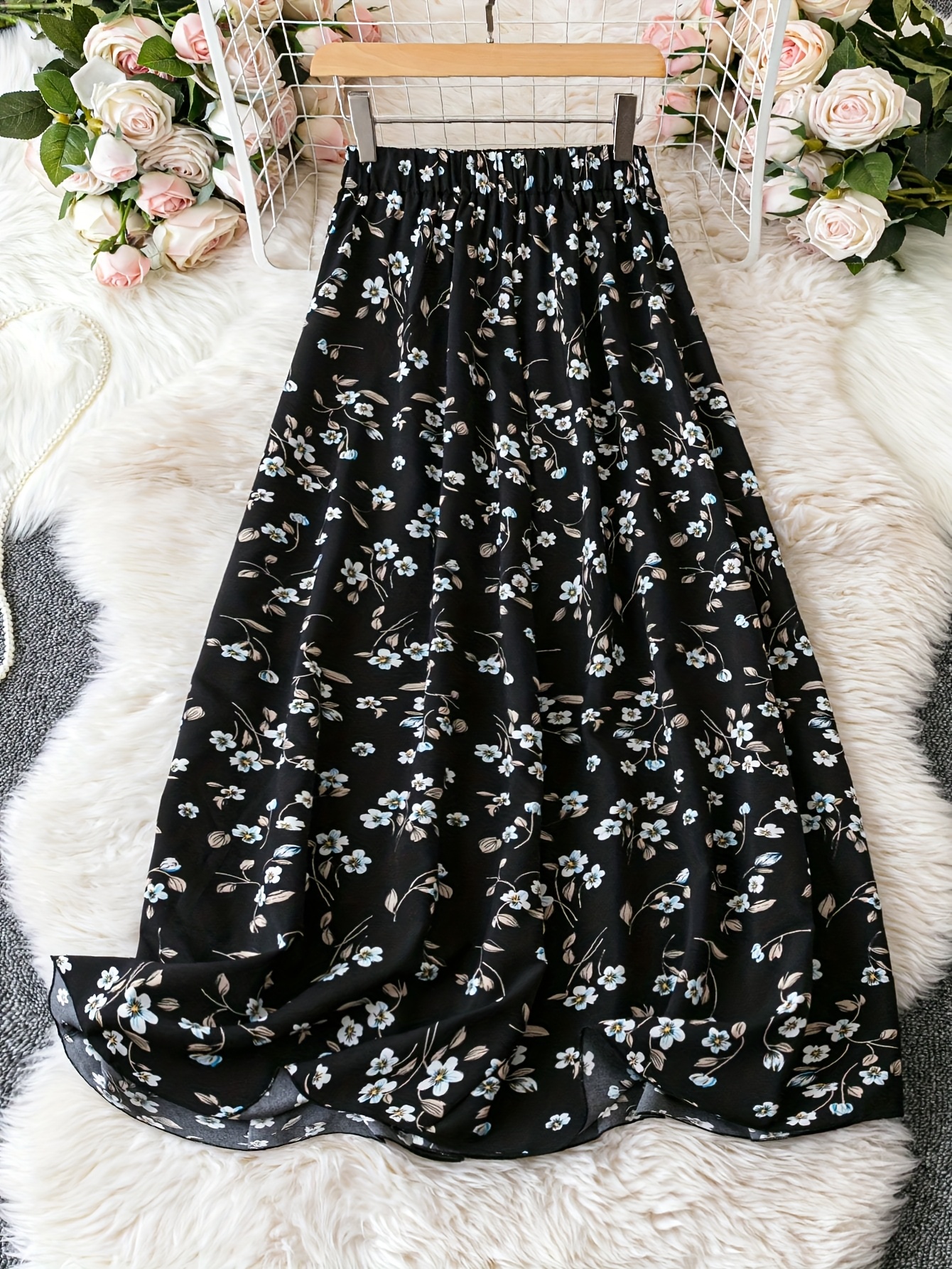 Women'S Elegant Floral Print Maxi Skirt Loose Fit, Long Length  Spring/Summer, Floral Print Skirt