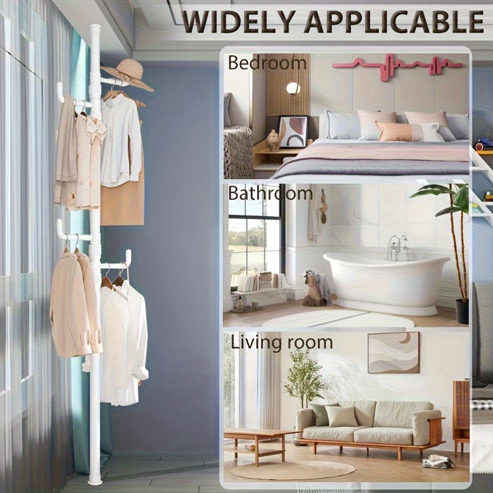 Adjustable Height Clothes Rack Rod with 4 Hooks, No Installation