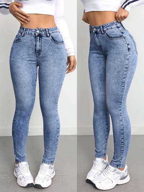 fashionable and versatile blue snowflake high waisted elastic skinny womens denim pants
