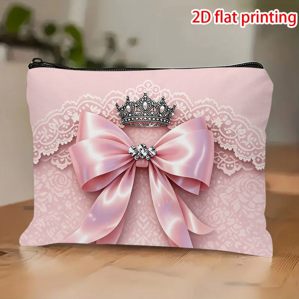 TEMU 2d Flat Printing, 1pc, Elegant Pink Macaron Floral Pattern Makeup Bag, Ribbon Bow, Rhinestone Cluster And Silvery Crown Print, Fashionable And