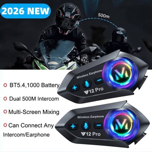 item picture 2pcs y12 pro motorcycle helmet wireless hands free intercom 500m communication distance with rgb light night riding safety device modern motorcycle accessory high