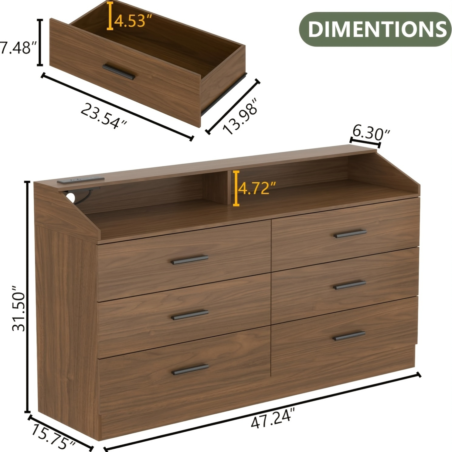 tocador led de 6 cajones con cargador usb y cerra - gabinete de almacenamiento moderno que con compatibilidad con espejo/mesa de tv, construcción en madera y mdf, montaje, acabado , alimentación enchufable y cajones con cerra para habitaciones pequeñas, mesita de noche, 6