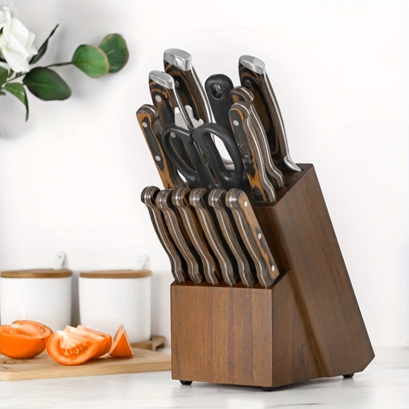 14-slot Heavy-duty Acacia Wood Utensil Holder | Includes Safety Fixing Base, Protective Design, Space- Elegant Wooden Surface, Ideal For Multi-functional Kitchen Countertop Storage, High-quality Wood