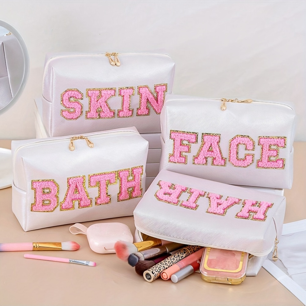 

Pu Leather Waterproof Cosmetic Bag With Embroidered 'skin' Patch, Cute Zippered Storage Pouch For Travel And Beauty Essentials