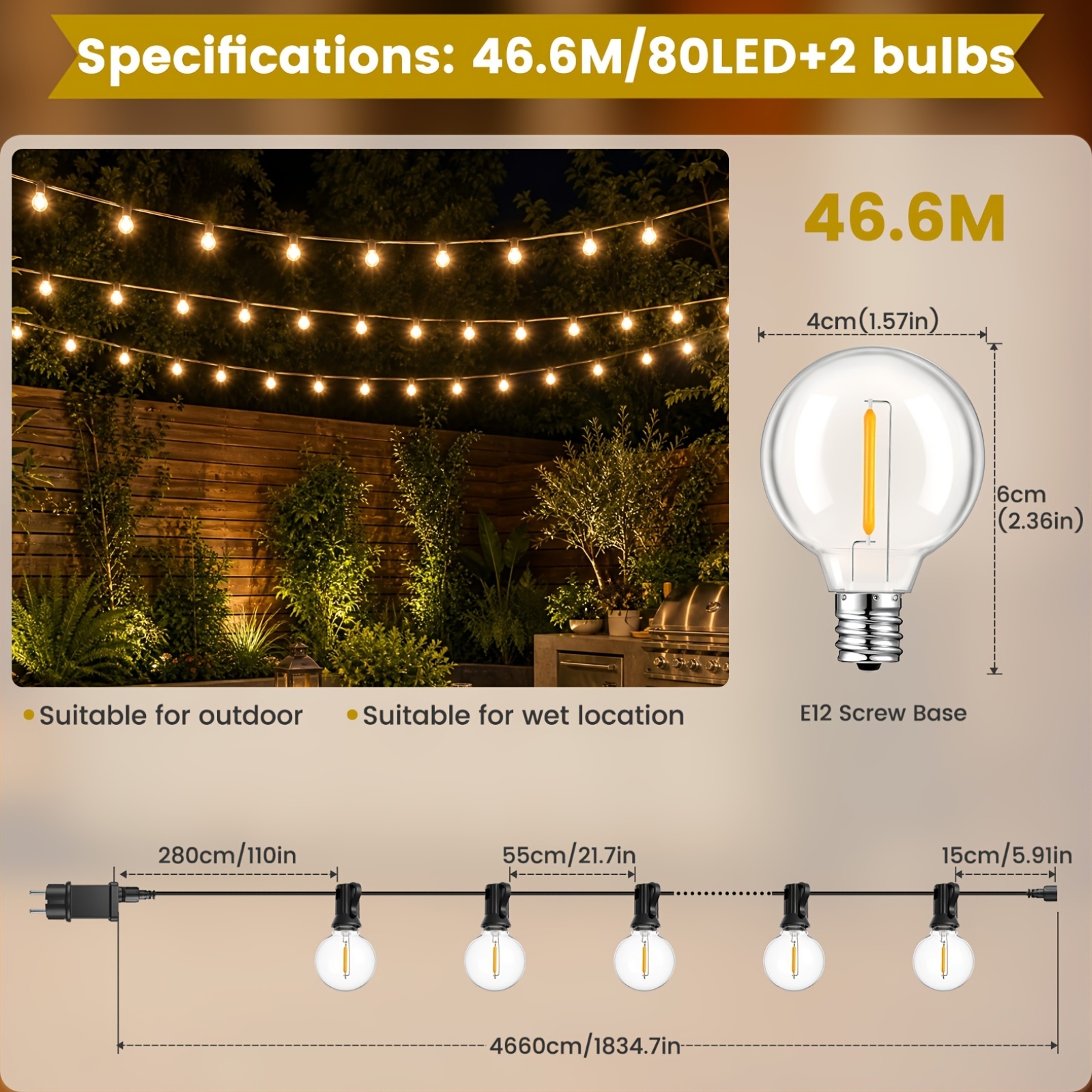 Image of Led Outdoor Fairy Lights, 20m/30m, Up To 46.6m/80leds, Warm White G40 Plastic Bulbs,dimmable, Ip44, 8 , Indoor/outdoor Fairy Lights For Garden, Patio, Weddings, Parties, Gazebos