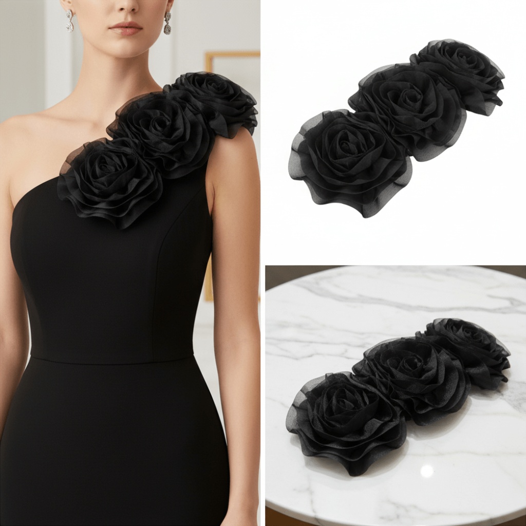 Classic Black Mesh Rose Flower Brooch Decoration
