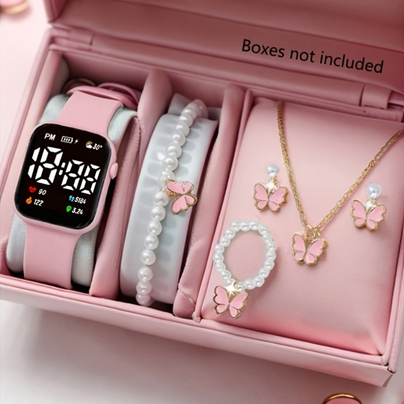 6pcs set girls watch jewelry set cute fashion led   electronic watch with pearl   bracelet necklace ring earring jewelry set suitable birthday festival gifts graduation season vacation   gathering daily wear  