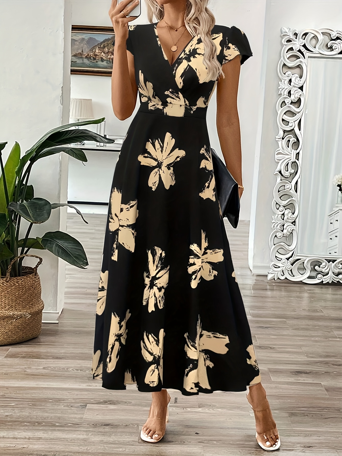 Elegant Floral Print Maxi Dress for Women - V-Neck, Short Sleeves, High-Waisted, Flowy A-Line Silhouette, Black with Golden Floral Design, Perfect for Spring & Summer, Adult Size, Casual Summer Dress | Floral Print Dress | Ruffled Hemline, Floral Dress