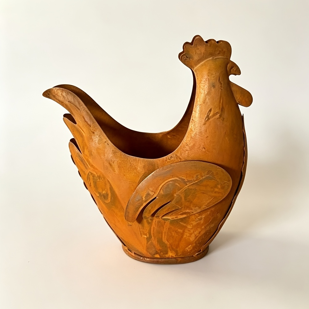 TEMU Pot de fleurs Coq Rustique en Métal pour Jardin Patio, Pot de Fleurs de Ferme Vintage, Ornement de Jardin en Fer Atteint, Décoration d'Extérieur