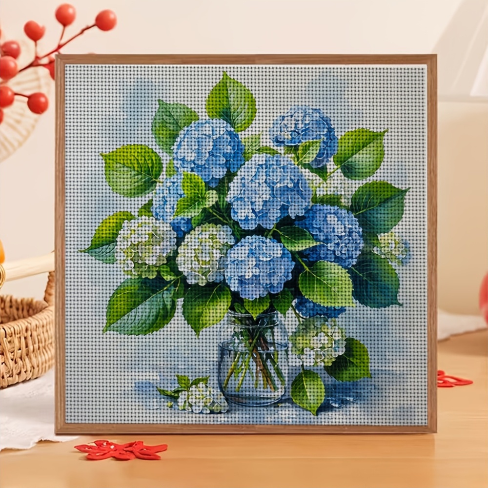 Cross Stitch Printed Kit, Blue And White Hydrangea Vase