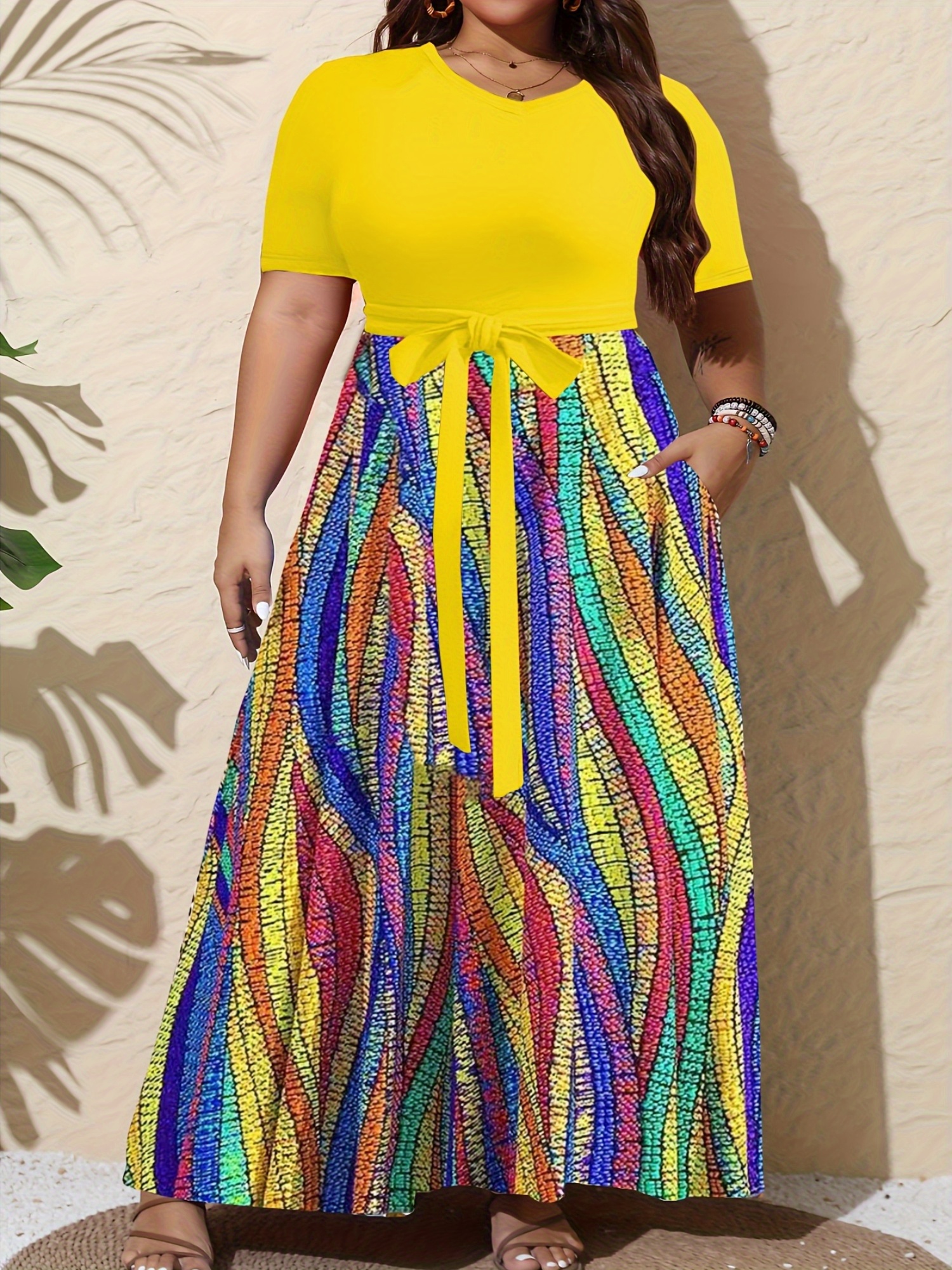 big size womens elegant v neck color block print fit flare - Temu