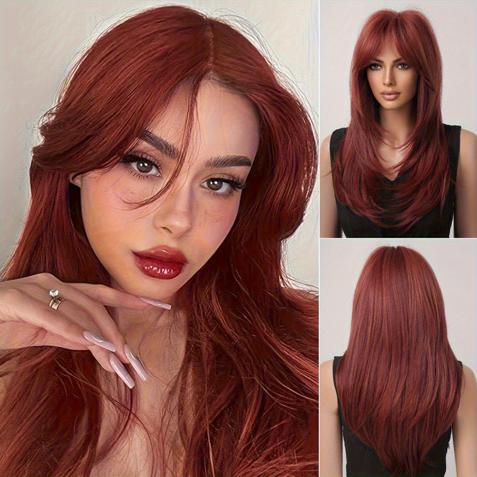 20 inch long red wigs women featuring bangs a wavy layered  display picture 2