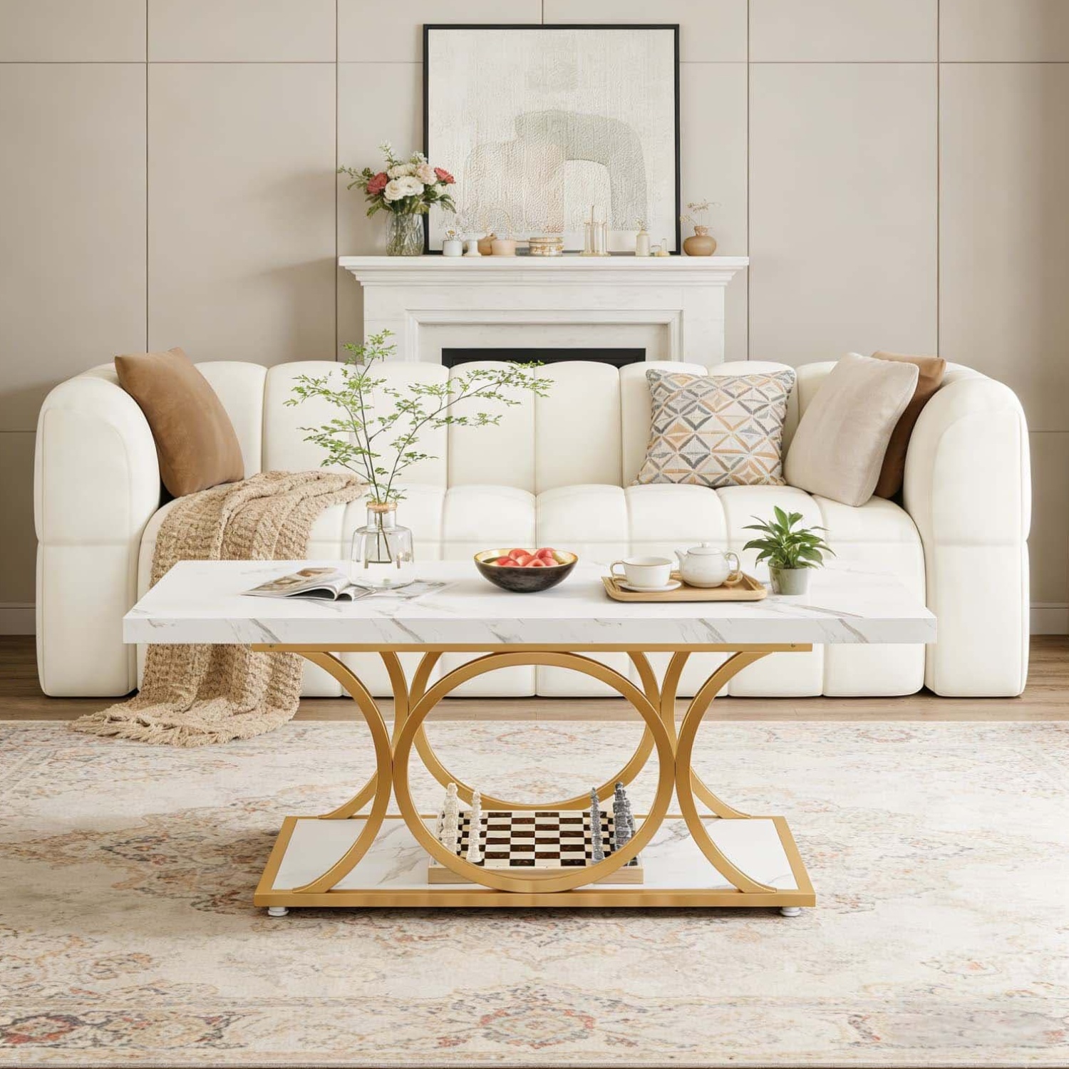 Modern Coffee Table, 118cm Rectangle Center Tea Table For Living Room, 2 Tier Marble Accent Furniture With Storage Shelf And Geometric Legs, White And Golden
