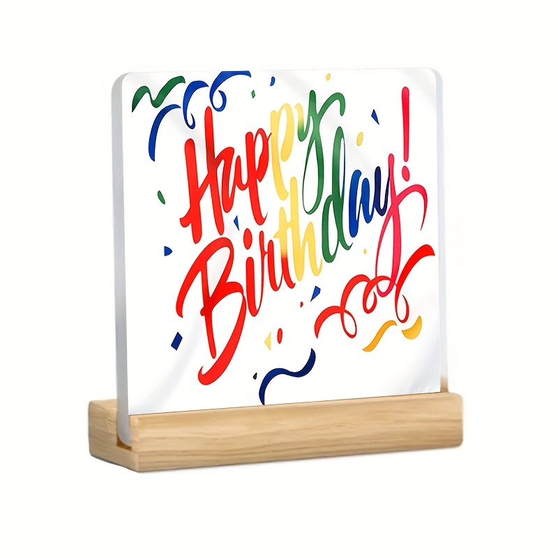 [2D Flat] 1pc Colorful "Happy Birthday" Acrylic Plaque with Wooden Base - 2D Flat Design, Ideal for Home & Birthday Party Decorations, English Text, Tabletop Display, Birthday Party Decorations