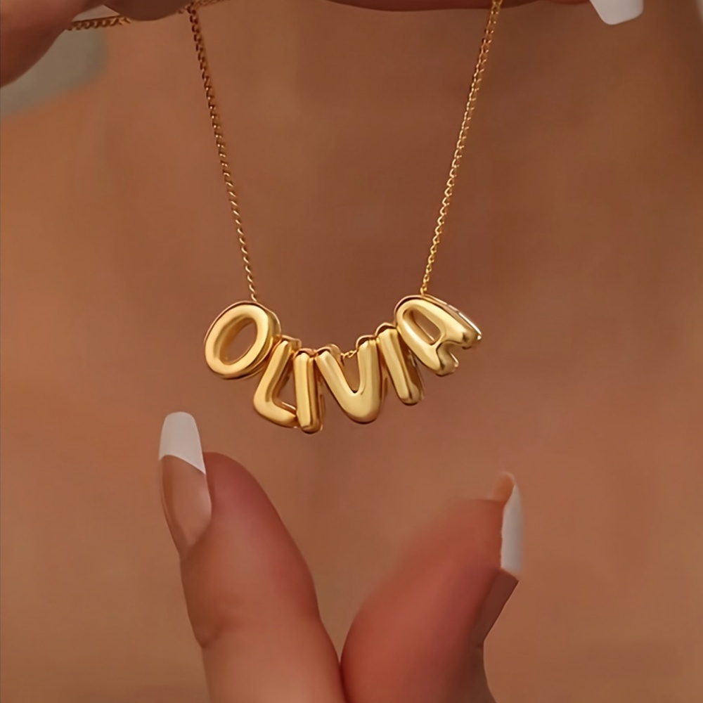 Golden Tone 3D Bubble Name Necklace Personalized Initial Charm Jewelry