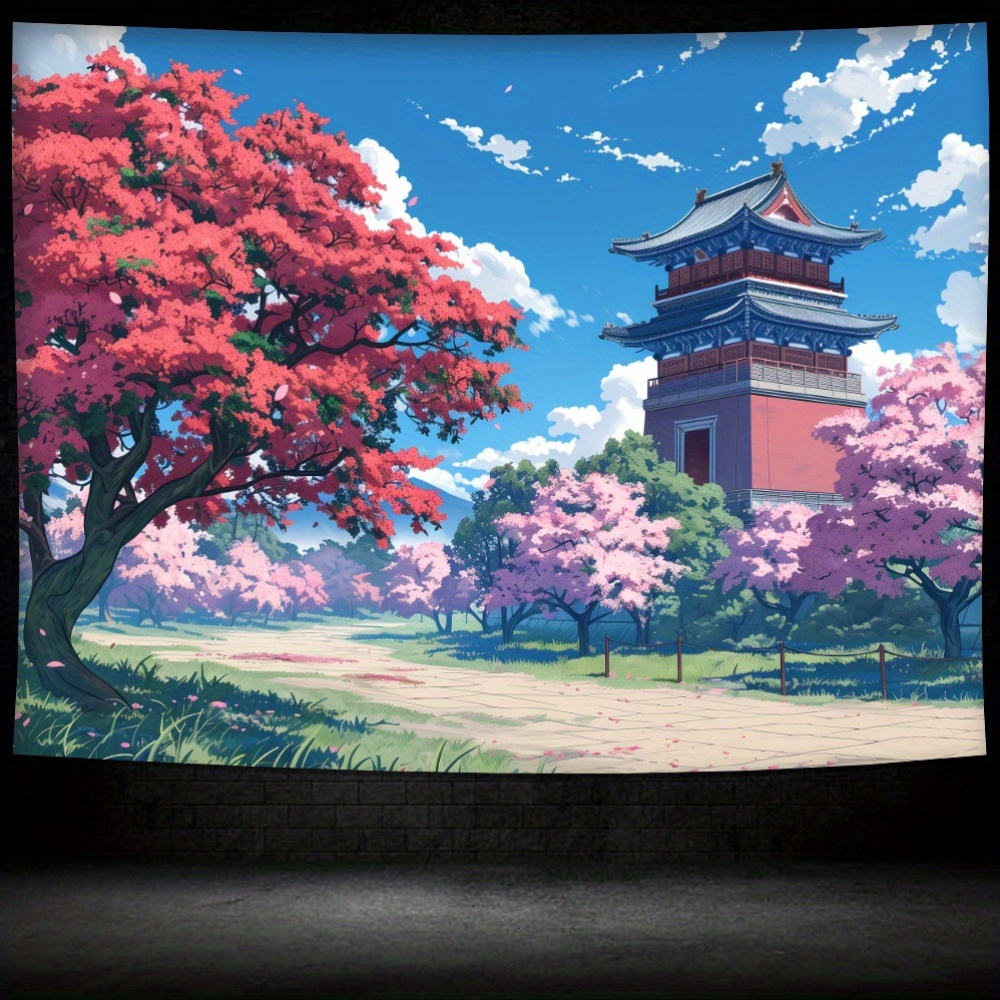 アニメ風の壁掛けタペストリー：美しい桜と五重塔の風景でお部屋