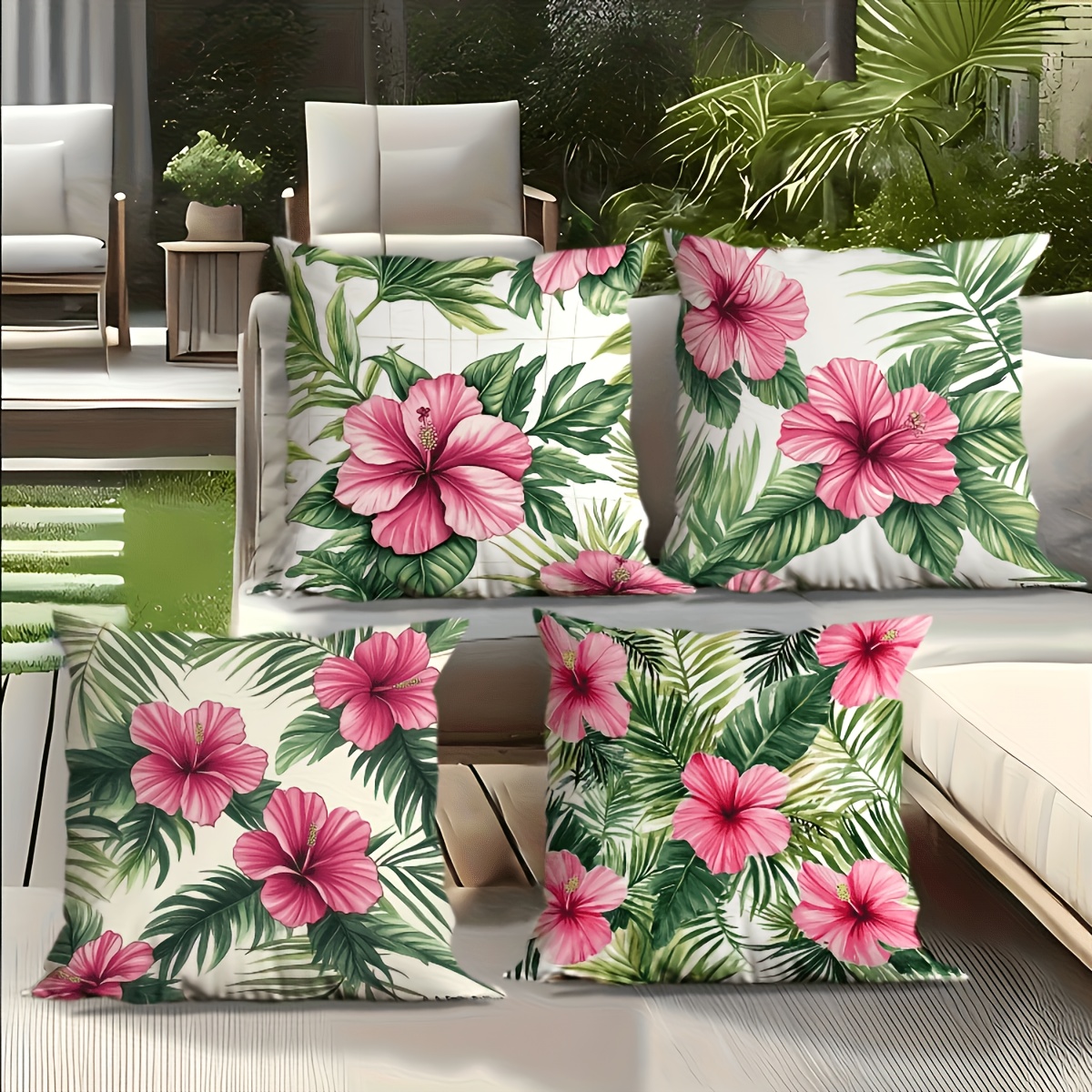 TEMU 4pcs Outdoor Pillow Set, Tropical With Pink Hibiscus And Green Leaves, Durable Fabric With Zipper Closure, Machine Washable - Perfect For