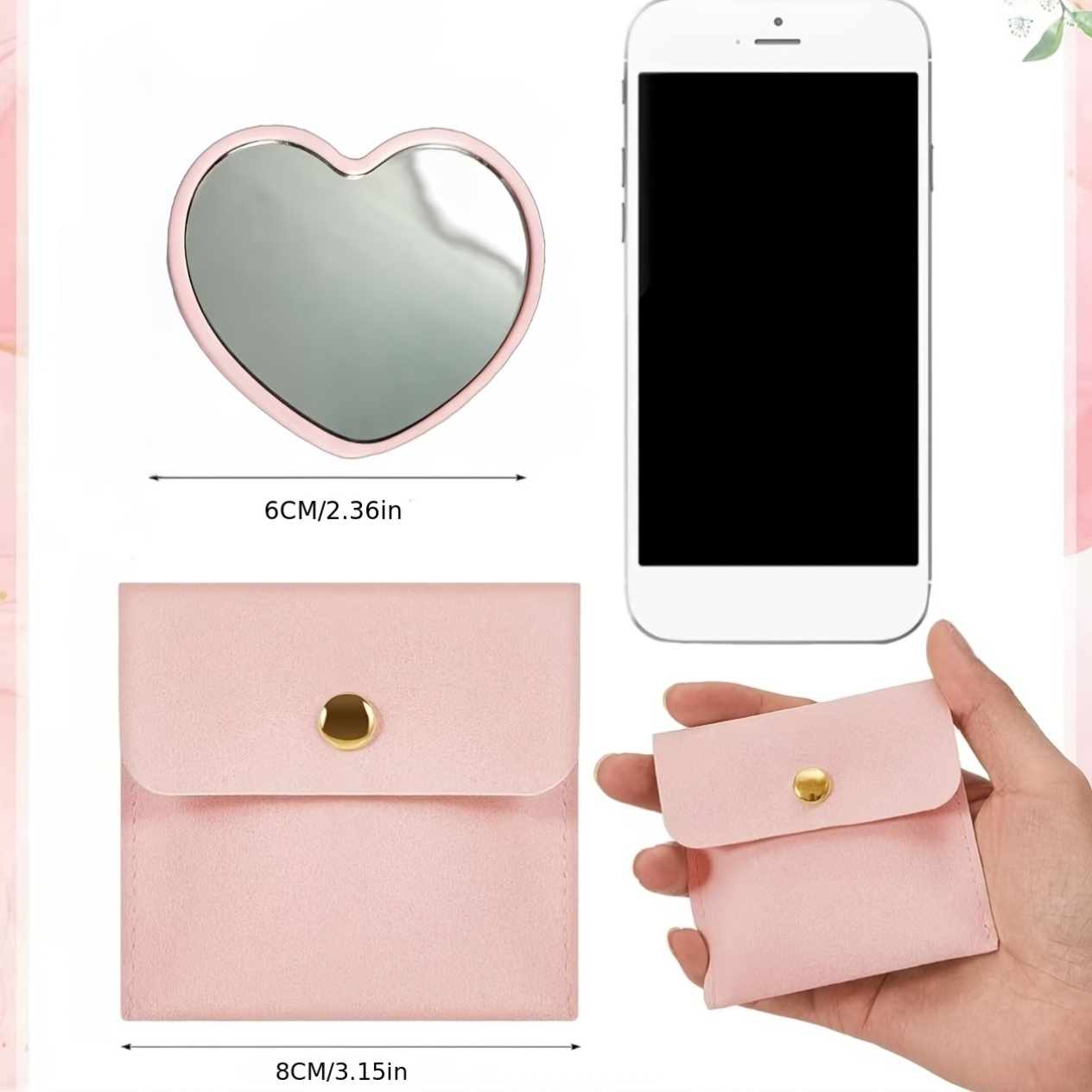 Travel 10pcs Heart-Shaped Portable Mirrors with Cosmetic Bags