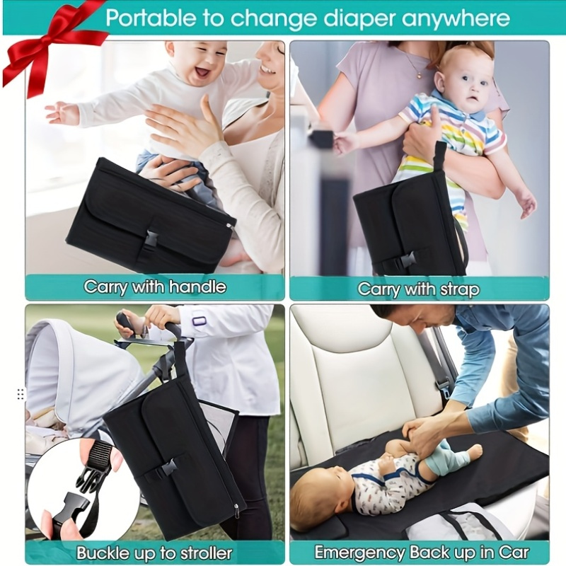 Portable Diaper Changing Mat for Babies, Detachable Travel Diaper Pad with Wipes Pocket, Waterproof Polyester Fiber, Ideal for Baby Shower & Newborn Gift, Black/Grey