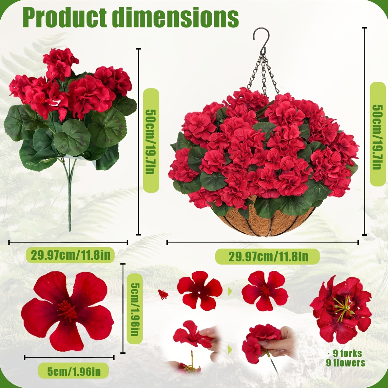 2 Sets Artificial Red Geranium Flowers with Hanging Baskets and Planters, 12pcs Each for Garden and Home Decor