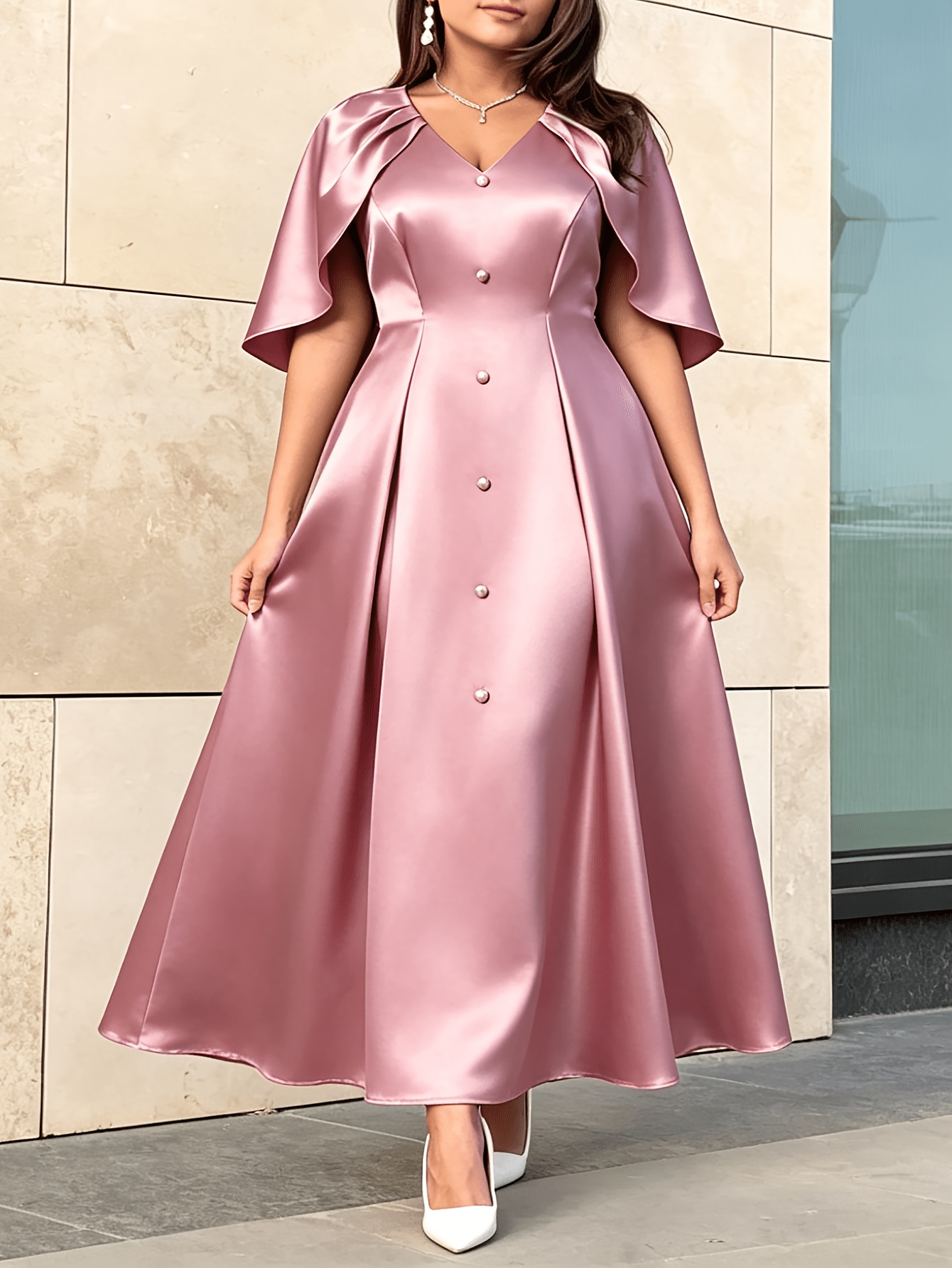 Plus Size Women'S Evening Style Dress, Pink Satin V-Neck Puff Sleeve Pearl Button Waist-Cinching Long Dress
