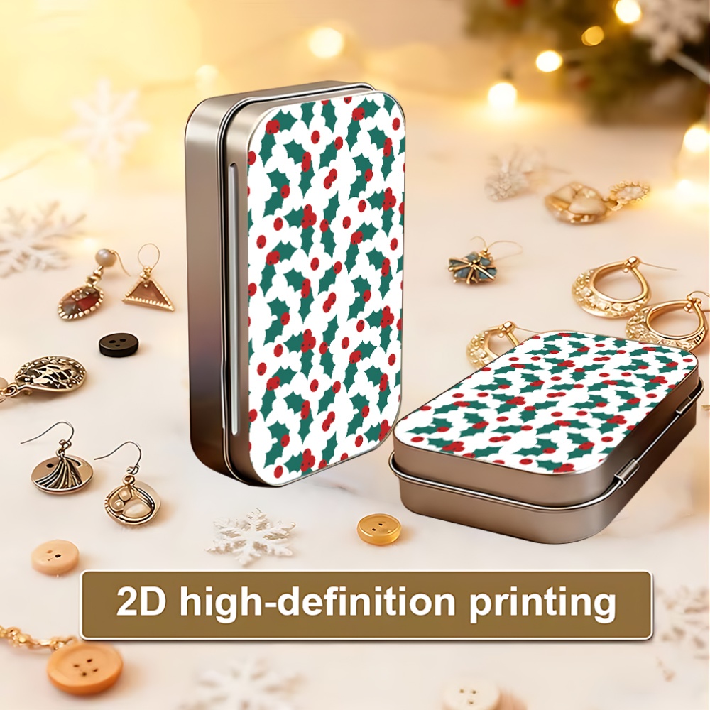 Metal Hinged Tin Box with Festive Holly Print, Mini Storage Case
