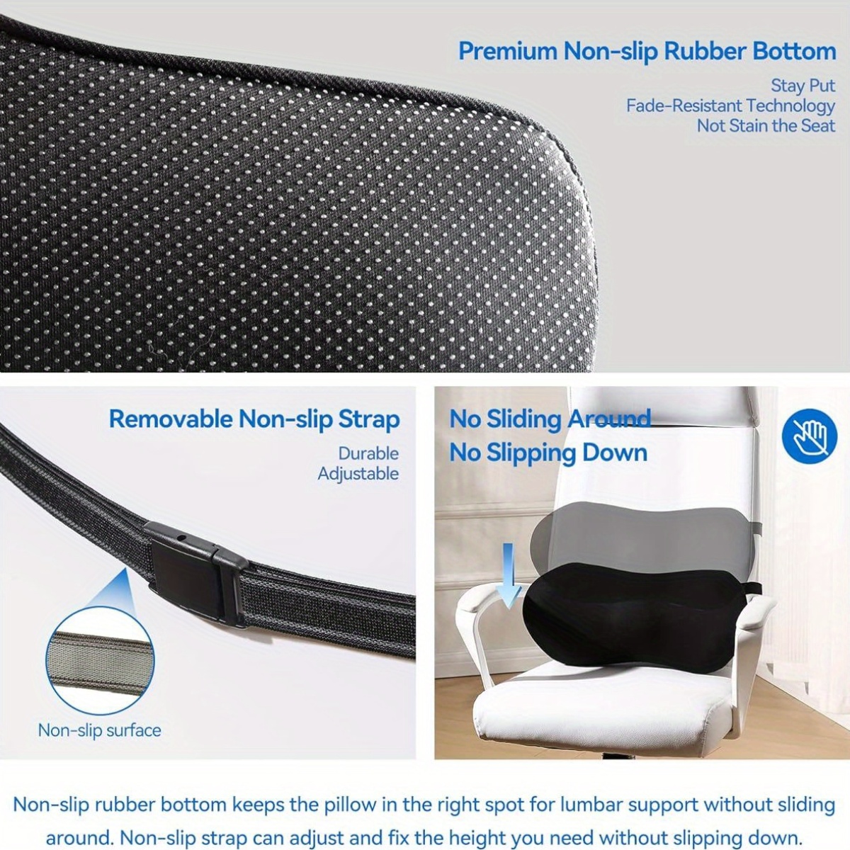 premium non slip lumbar support pillow with adjustable strap fade resistant   design for office chair car seat bed recliner black ergonomic pillow seat cushion modern pillow durable pillow Product details 1