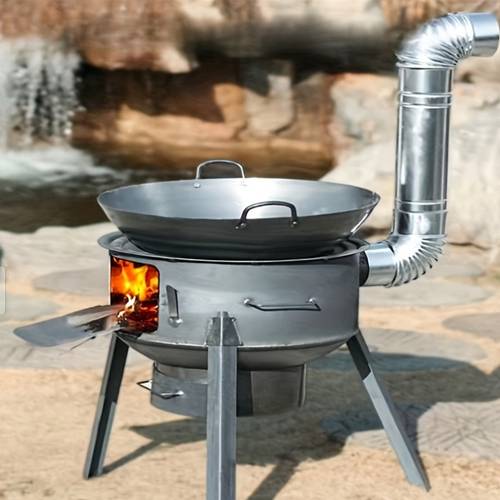 portable outdoor wood stove heavy metal structure with chimney and tripod wood burning suitable for camping backyard and terrace use portable camping stove compatible with large pots and sturdy structure