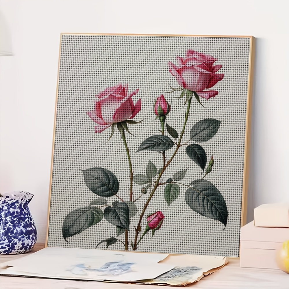 Frameless Stitch Print Set, Pink Rose Blooming