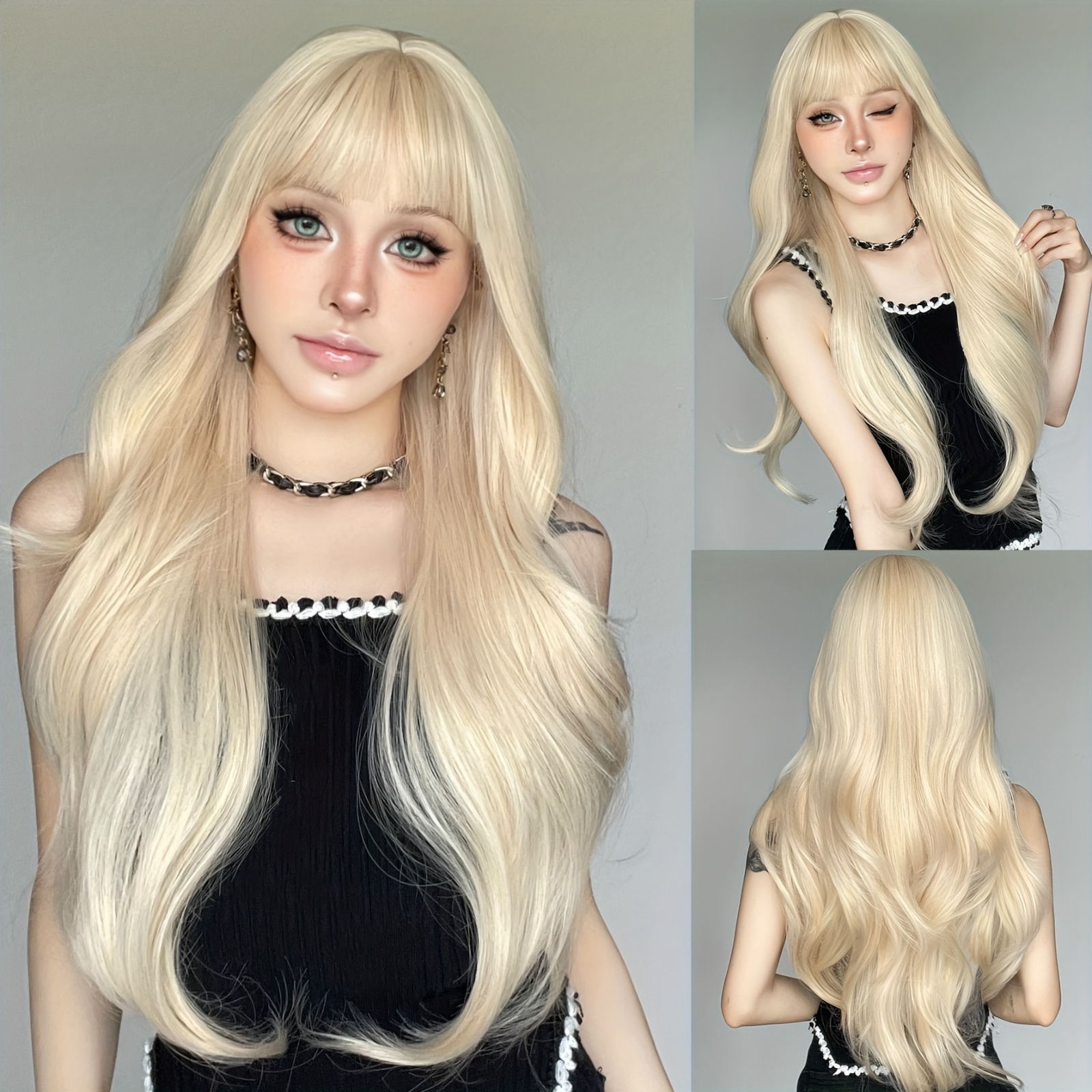 Lange Blonde Perücke Mit Pony – Synthetisch, Leicht Lockig, Geschichtet, Für Täglichen Gebrauch