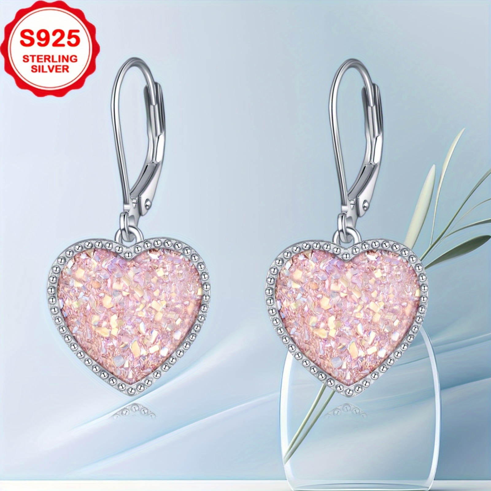 Women's 925 Sterling Silver Pink Tassel Heart Drop Earrings